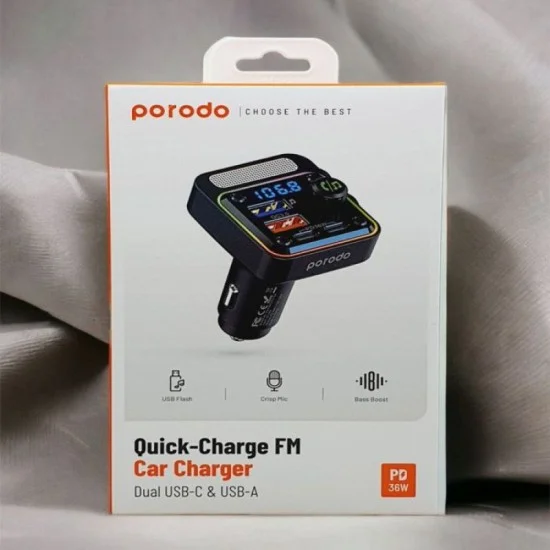 Porodo Quick-Charge FM Car Charger Dual USB-C - USB-A - Black